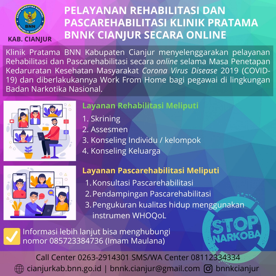 KLINIK PRATAMA BNNK CIANJUR MEMBUKA LAYANAN REHABILITASI RAWAT JALAN MELALUI ONLINE KLINIK PRATAMA BNNK CIANJUR MEMBUKA LAYANAN REHABILITASI RAWAT JALAN MELALUI ONLINE