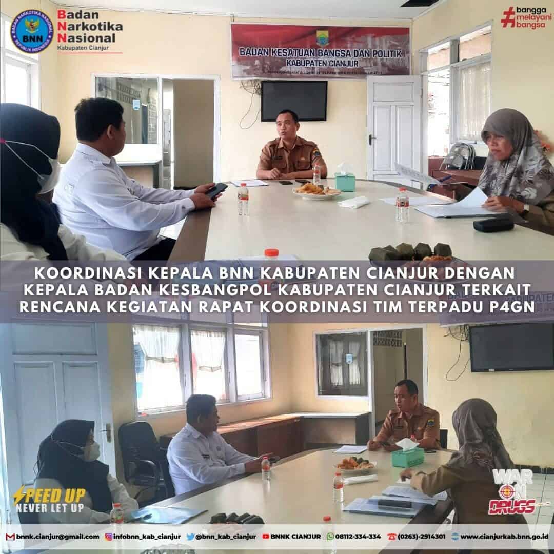 KOORDINASI ANTARA KEPALA BNN KABUPATEN CIANJUR DENGAN KEPALA BADAN KESBANGPOL KABUPATEN CIANJUR TERKAI RENCANA KEGIATAN RAPAT KOORDINAS TIM TERPADU P4GN KOORDINASI ANTARA KEPALA BNN KABUPATEN CIANJUR DENGAN KEPALA BADAN KESBANGPOL KABUPATEN CIANJUR TERKAI RENCANA KEGIATAN RAPAT KOORDINAS TIM TERPADU P4GN